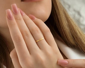 14k Yellow Gold Flat 1 mm Width Wedding Bands, Minimalist Wedding Ring, Comfort Fit,Free Laser Engraving, Thin Stacking Ring,  Gift For Her