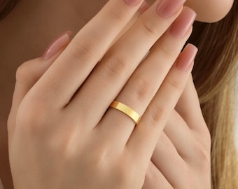 14k Yellow Gold Flat 4 mm Width Wedding Bands, Minimalist Handmade Ring, Comfort Fit,Free Laser Engraving, Thin Stacking Ring,  Gift For Her