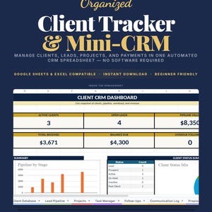 Op de afbeelding: Een digitaal client tracker en mini-CRM spreadsheet sjabloon met een donkerblauwe achtergrond. De interface toont een client CRM dashboard met statistieken voor actieve klanten, open leads, pijplijnwaarde en financiële overzichten in een raster.