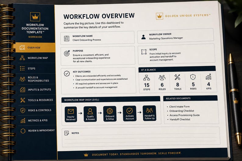 May include: A spiral-bound workbook titled Workflow Documentation Template with a dark blue sidebar and white pages. The open page displays a Workflow Overview dashboard with sections for workflow name, purpose, scope, key outcomes, and a workflow map.