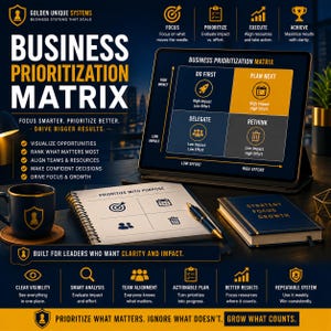 Könnte beinhalten: Eine Business-Priorisierungsmatrix auf einem Tablet-Bildschirm, begleitet von einem Spiralnotizbuch, einem Stift und einer Tasse. Die Grafik zeigt ein Vier-Quadranten-Diagramm mit den Bezeichnungen Do First, Plan Next, Delegate und Rethink.
