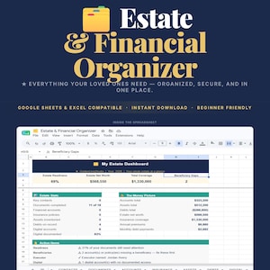 May include: A digital estate and financial organizer spreadsheet template compatible with Google Sheets and Excel. The interface displays a dashboard with sections for estate stats, money picture, and action items, including data on net worth.