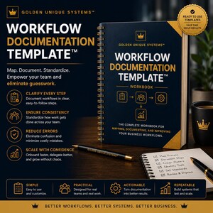 May include: A dark blue spiral-bound workbook titled Workflow Documentation Template with gold text and icons. The cover features a crown logo and business process graphics. A black pen with gold accents rests nearby on a wooden surface.