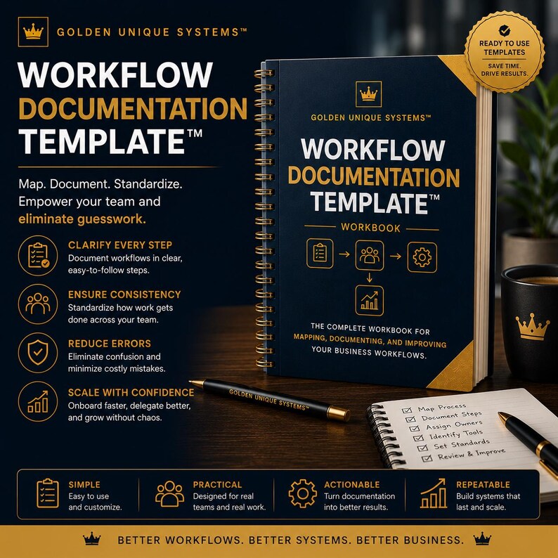 May include: A dark blue spiral-bound workbook titled Workflow Documentation Template with gold text and icons. The cover features a crown logo and business process graphics. A black pen with gold accents rests nearby on a wooden surface.