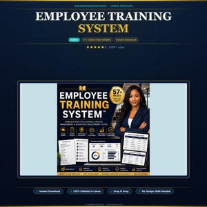 May include: A digital employee training system template featuring the text Employee Training System, 57+ pages, and various dashboard graphics. The layout includes icons for training, tracking, and certification, alongside a laptop and tablet display.