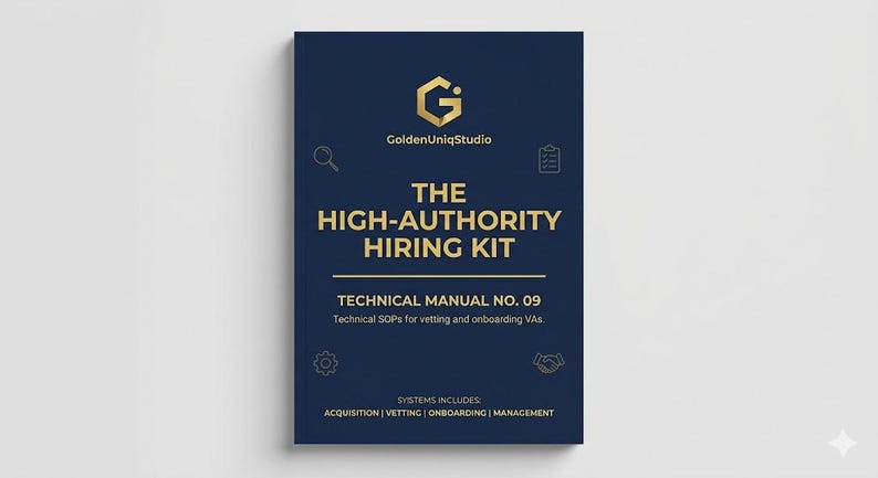 May include: A navy blue book cover with gold text and graphics. The title reads "THE HIGH-AUTHORITY HIRING KIT". Below the title is "TECHNICAL MANUAL NO. 09". The book cover also includes the text "Technical SOPs for vetting and onboarding VAs".