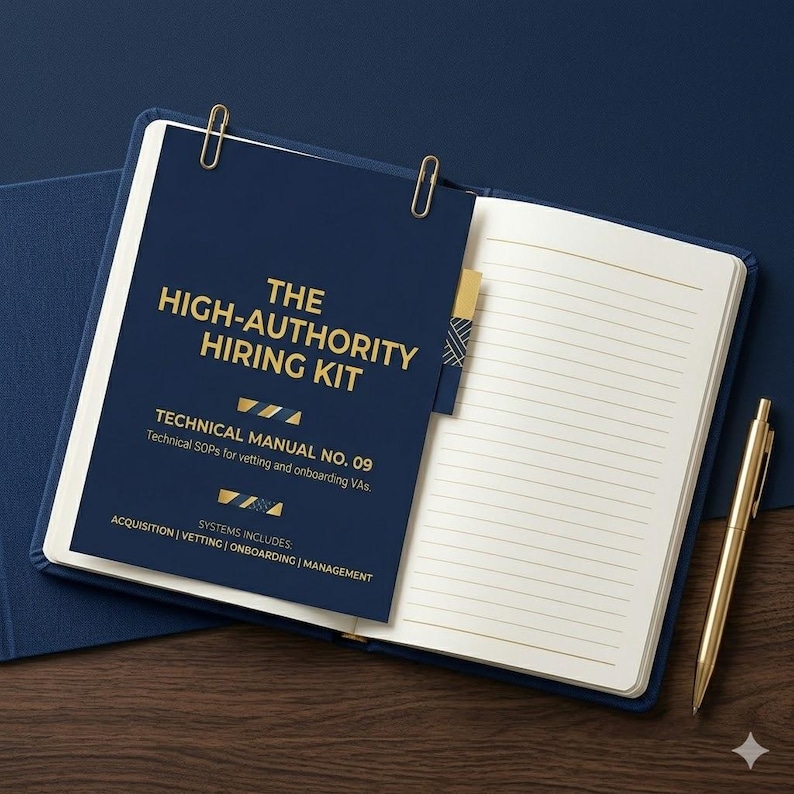 May include: A navy blue notebook with the title "THE HIGH-AUTHORITY HIRING KIT" in gold lettering. The notebook is open to lined pages with a gold pen resting on the right side. The cover includes the text "TECHNICAL MANUAL NO. 09".