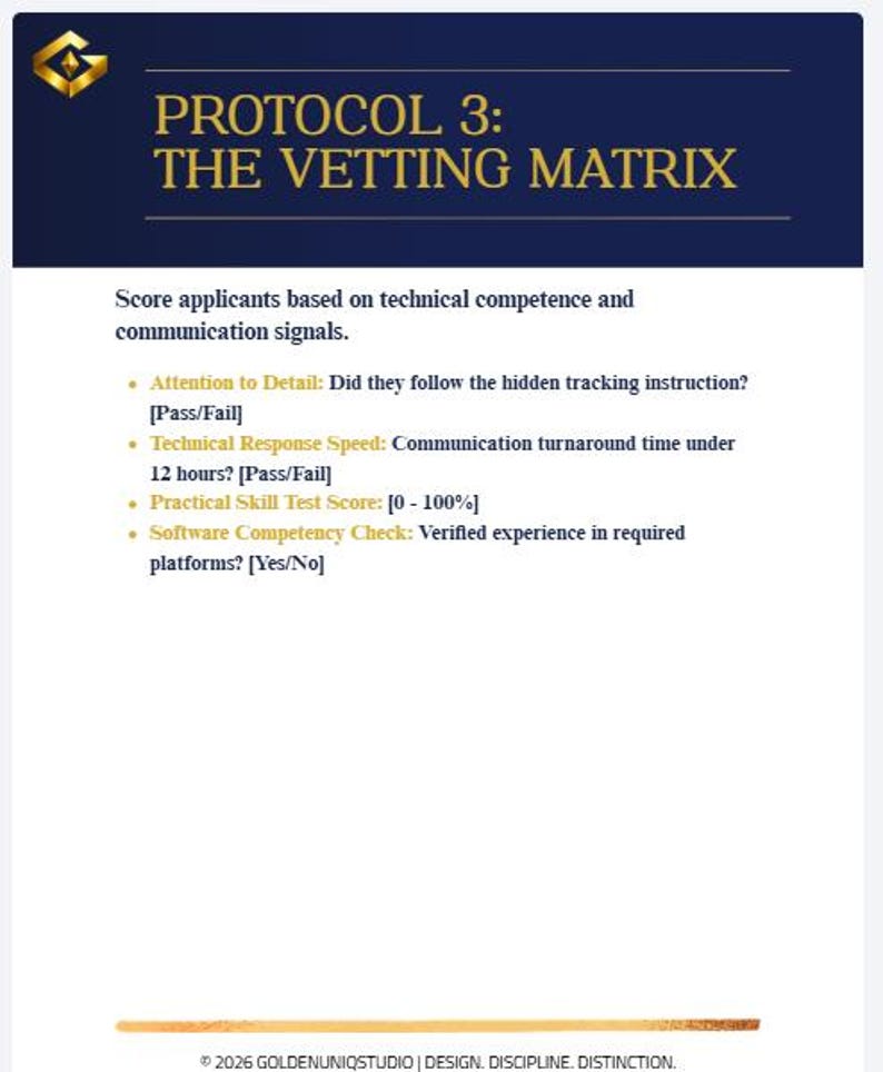 May include: A document with the title "PROTOCOL 3: THE VETTING MATRIX" in gold text on a dark blue background. The document lists criteria for scoring applicants, including attention to detail, technical response speed, practical skill test score, and software competency.