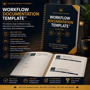 May include: A spiral-bound Workflow Documentation Template workbook with a dark blue cover featuring gold text and icons. The open pages display structured tables for process overview, workflow steps, decisions, and handoffs in black ink.
