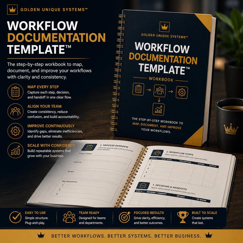 May include: A spiral-bound Workflow Documentation Template workbook with a dark blue cover featuring gold text and icons. The open pages display structured tables for process overview, workflow steps, decisions, and handoffs in black ink.