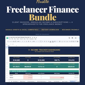 May include: A digital freelancer finance bundle spreadsheet featuring an income tracker dashboard with columns for total YTD income, active streams, annual goals, and tax estimates. The interface includes a monthly income snapshot table.