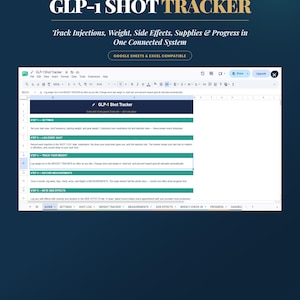 Puede incluir: Una plantilla de hoja de cálculo digital GLP-1 Shot Tracker para Google Sheets y Excel. La interfaz presenta una pestaña de guía con secciones para ajustes, registro de inyecciones, peso, medidas y efectos secundarios en un diseño limpio.