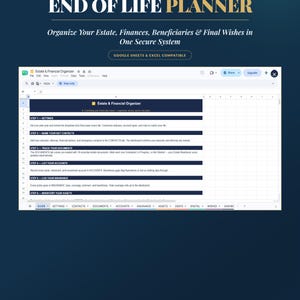 May include: A digital Legacy End of Life Planner spreadsheet template compatible with Google Sheets and Excel. The interface displays a dark blue header with white text, listing six steps for organizing estate, finances, and final wishes.