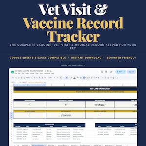 Może przedstawiać: Cyfrowy szablon arkusza kalkulacyjnego do śledzenia wizyt u weterynarza i szczepień. Ciemnoniebieska grafika zawiera tytuł Vet Visit & Vaccine Record Tracker oraz interfejs pulpitu nawigacyjnego z kolumnami dotyczącymi dat i statusu opieki.