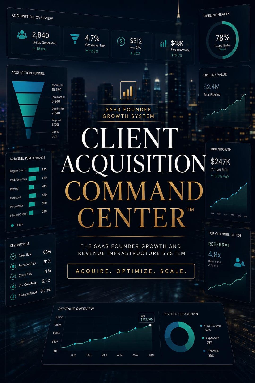 Client Acquisition Command Center | KPI Dashboard Canva Template | Saas ...