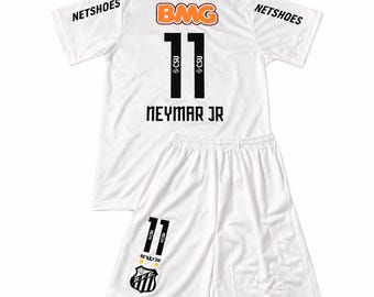 Kids Neymar White Santos Kit with Shorts / Number #11 detailing and front patches