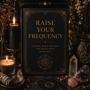 Op de afbeelding: Een zwart boek met de titel RAISE YOUR FREQUENCY SACRED DAILY RITUALS FOR YOUR NEXT LEVEL SELF met gouden letters en versierde randen. De kaft bevat een centraal geometrisch symbool met een spiraal en hemelse motieven.