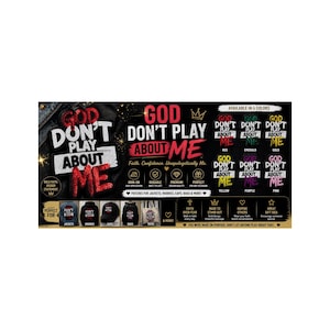 Pode incluir: Um anúncio de patches com a frase "GOD DON'T PLAY ABOUT ME" em várias cores. Os patches estão disponíveis em vermelho, esmeralda, dourado, amarelo, roxo e rosa. A imagem também mostra os patches em jaquetas, moletons com capuz, bonés, bolsas e sacolas.