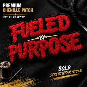 Fueled By Purpose Chenille Patch: Bold Red Streetwear Applique (Iron On/Sew On)