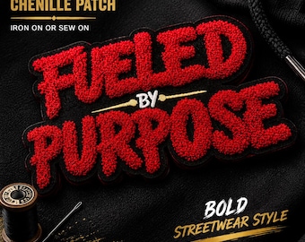 Fueled By Purpose Chenille Patch: Bold Red Streetwear Applique (Iron On/Sew On)
