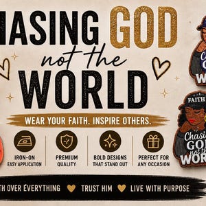 以下が含まれることがあります： 「FAITH」の文字が入った野球帽をかぶった黒人女性が描かれたパッチのコレクション。「Chasing God not the World」の文字が入っています。画像には聖書と「Wear Your Faith. Inspire Others.」の文字も含まれています。
