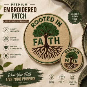 May include: Embroidered patch with the words "Rooted in Faith" and a tree design. The patch is circular with a tan background and green and brown details. Text on the patch reads "Faith. Strength. Rooted in Love."