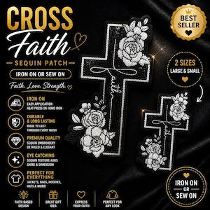 May include: Black sequin cross patches with floral detailing and the word "Faith". These iron-on or sew-on patches come in two sizes and are suitable for jackets, bags, and other items. The patches feature detailed sequin embroidery.