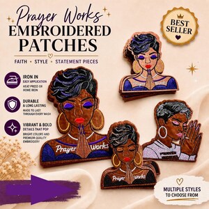 Prayer Works Patch African American Woman Praying, Faith Statement Piece, Iron-On Applique
