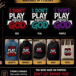Può includere: Immagine che mostra abbigliamento e accessori con la frase "I DON'T PLAY ABOUT GOD" in rosso, verde acqua e viola. I prodotti includono giacche, felpe con cappuccio, cappellini, borse e borse tote. Il testo "YOU WERE MADE ON PURPOSE" è incluso.
