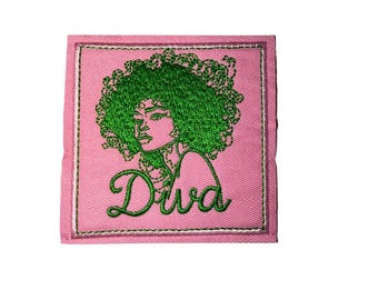 Diva embroidered afro girl sorority patch pink and green