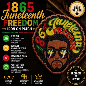 Peut inclure: Écusson thermocollant brodé pour le Juneteenth. Il représente une personne noire portant des lunettes de soleil, avec l'inscription « Juneteenth Freedom » et l'année 1865. Idéal pour les vestes, sacs et chapeaux, durable.