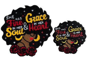 Embroidered Patch: Fire Soul, Grace Heart, Floral Afro Silhouette – Iron-On Applique