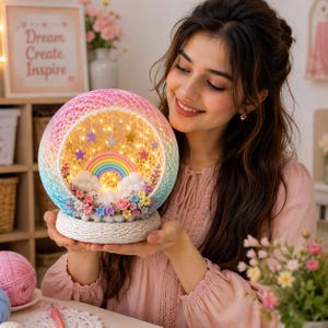 Dream Rainbow Yarn Globe Diorama DIY Pattern PDF, Yarn Balloon Craft Tutorial, Fairy Light Nursery Decor, Rainbow Cloud DIY Gift