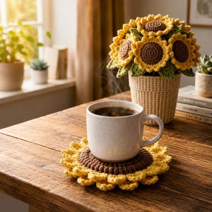 Può includere: Una tazza in ceramica bianca riempita di caffè nero poggia su un sottobicchiere all'uncinetto a forma di girasole, con petali gialli e centro marrone. Dietro, un bouquet di girasoli all'uncinetto in un vaso beige su dei libri.
