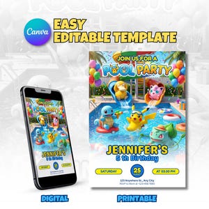 Pokemon Pool Party Invitation, Summer Swim Birthday Canva Template, Instant Download