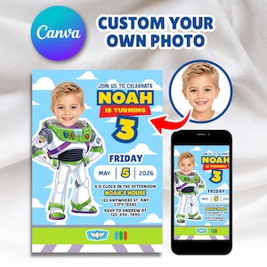 May include: A digital birthday invitation template featuring a cartoon space ranger character with a child's face, blue sky background with clouds, and text reading "Join us to celebrate Noah is turning 3" with event details.