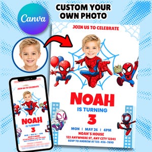 Convite de aniversário do Homem-Aranha editável, convite personalizado para festa de super-herói, modelo Canva, download digital.