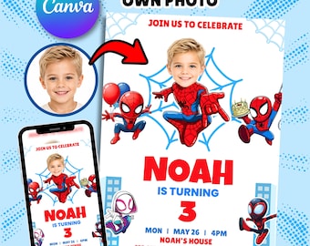 Spidey-Geburtstagseinladung, personalisierbare Einladung zur Superhelden-Party, Canva-Vorlage, digitaler Download