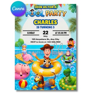May include: A digital invitation for a pool party featuring Toy Story characters. The text reads: JOIN US FOR A POOL PARTY, CHARLES IS TURNING 5, SUNDAY 22 May AT 05.00 PM, 123 Anywhere St., Any City, RSVP to Annie at +123-456-7890.