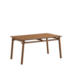 May include: A rectangular dining table crafted from medium-toned brown wood. The table features a flat top surface supported by four cylindrical legs connected by a horizontal frame structure that runs beneath the tabletop on all four sides.