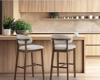30" Wood Mid-Century Kitchen Chairs Set of 2, Upholstered Bar Stools