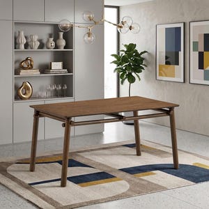 May include: A rectangular dining table crafted from dark brown wood, featuring four cylindrical legs connected by a horizontal support frame. The table has a smooth, flat surface and a clean, structural design with visible joinery details.