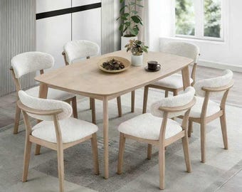 Mid Century Modern Solid Wood Dining Table Set, Upholstered Chairs for 6