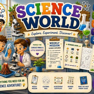 Pode incluir: Um kit educativo Little Epic Adventures Science World com duas crianças em batas de laboratório realizando experiências com um microscópio, tubos de ensaio e um modelo de vulcão. Inclui uma prancheta de missão semanal e um certificado.