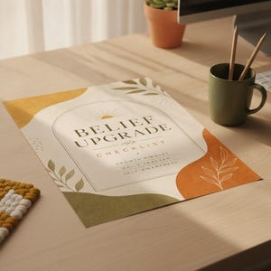 May include: A rectangular paper sheet titled Belief Upgrade Checklist with a central arch design, sun icon, and leaf illustrations. The document features text including Growth Mindset, Daily Tracker, and Self-Awareness in earthy tones.