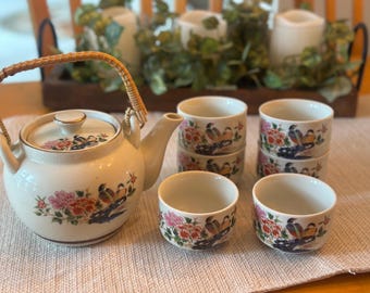 Vintage Asian Porcelain Tea Set, Bird & Floral Design, Crackle Glaze Teapot with Bamboo Handle, Japanese Kutani Style, 6 Piece Tea Set