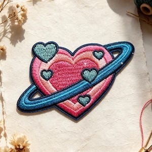 Heart Planet Embroidered Patch, Pastel Pink Lilac Blue Space Iron On Patch, Celestial Galaxy Applique, Kawaii Valentine Gift