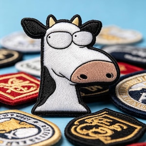 May include: An embroidered patch featuring a cartoon cow head with white fur, black ears, and a tan snout. The cow has large, wide-set eyes and small yellow horns. The patch is outlined in black thread and is positioned among other assorted patches.