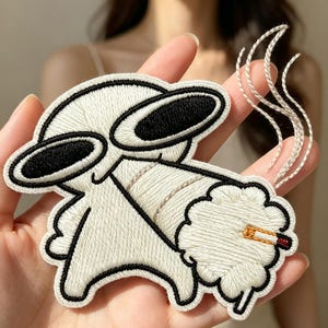 May include: An embroidered patch featuring a stylized white character with large black oval eyes. The character is holding a white cloud-like shape with a small orange and black cigarette tip, with three white embroidered lines representing smoke.