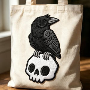 Crow on Skull Embroidered Patch - Gothic Raven Iron On Applique for Jacket, Hat & Backpack - Dark Cottagecore Halloween Gift